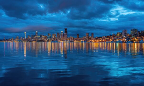 City skyline at twilight reflected on water - Powered by Adobe