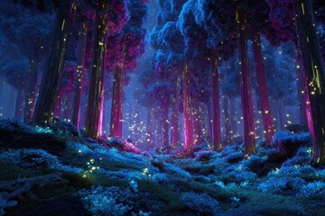 Magical glowing forest at night