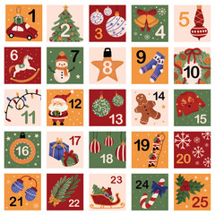 Fototapeta premium Christmas Advent calendar. Cute festive vector set with Santa, snowman, gifts, sweets, wreath, ornaments, lights, tree, socks. Holiday countdown poster with numbers. Printable Xmas design.