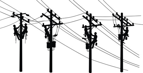 Utility workers, power pole maintenance, electrical safety, silhouette, linemen, infrastructure, high voltage, repair