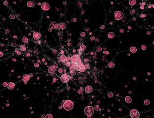 Abstract network of pink spheres on black background