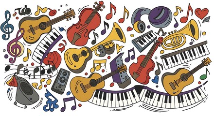 Obraz premium Joyful Doodle Music Instruments: Guitars, Violins, Keyboards, and More!