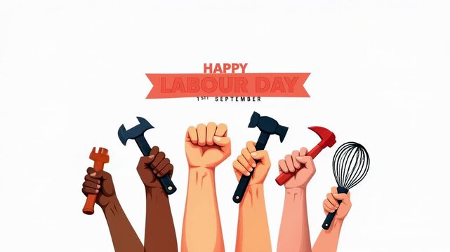 Happy labour day banner with various hands holding tools on a white background vector image