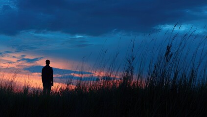 Fototapeta premium Silhouette of a person at sunset, tall grasses
