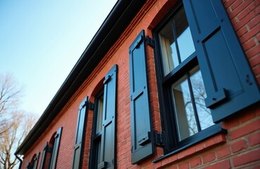 Obraz premium Red brick building exterior features dark window shutters, gutter detail. Close-up upward view shows classic architecture, red brick material. Modern black trim contrasts with vintage style, ideal