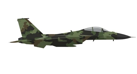 Camouflaged Fighter Jet: Side Profile, Military Aircraft, Green and Brown Digital Camo, Vector Illustration, Isolated on White Background