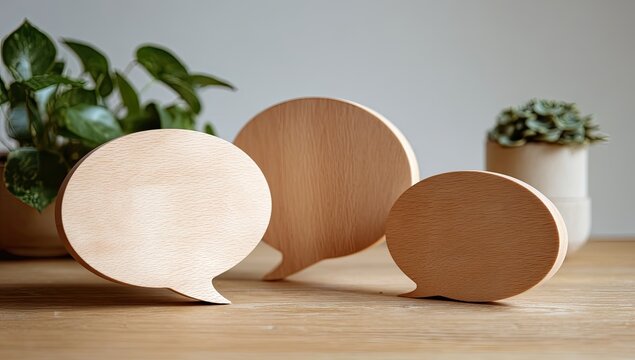 Three wooden speech bubbles on a light wooden surface