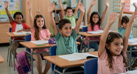 Diverse group of children raising hands in classroom