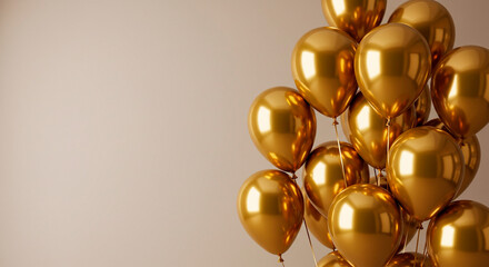 Bunch of golden balloons against a light background with copy space
