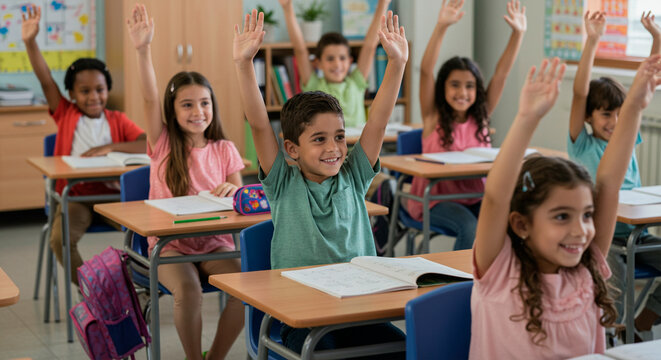 Diverse group of children raising hands in classroom - Powered by Adobe