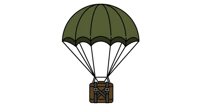 Retro Cartoon Crate Airdrop: Olive Green Parachute Descent,  Vintage Style Illustration.