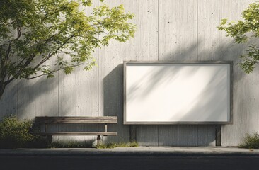 Blank billboard beside a park bench on a light gray concrete wall.  Sunlight casts shadows
