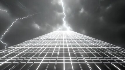 Angular view of skyscraper facing stormy skies with lightning - Powered by Adobe
