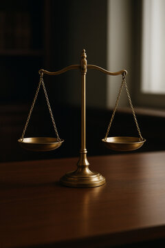 Elegant brass balance scale on a dark wooden desk, symbol of justice and law. Minimalist professional composition with natural light, perfect for legal, law firm, and justice themes.