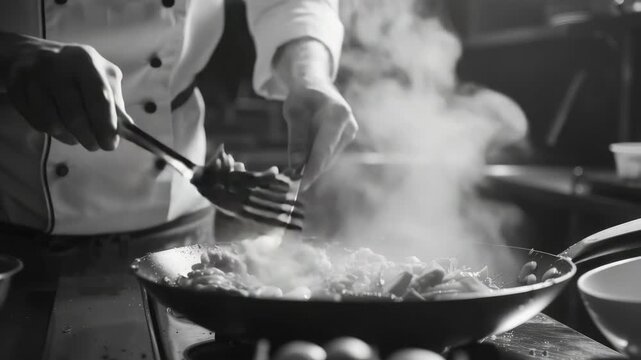 A skilled chef in a professional kitchen, skillfully frying eggs with a pan.