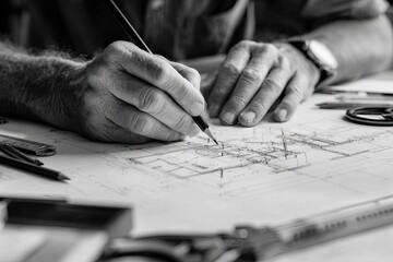 Hands sketching house plans