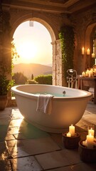 Luxurious outdoor bathtub, scenic view