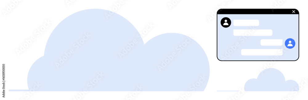 Poster minimalistic cloud graphics with a chat window featuring user icons and text exchanges. ideal for co