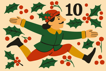 Ten lords a-leaping. The twelve days of Christmas. English Christmas carol. Tenth day. Vector isolated illustration