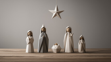 closeup of the three kings carrying their gifts, and the christmas star in the background