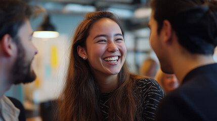Smiling asian hr insurer advisor meeting applicant at job interview consulting