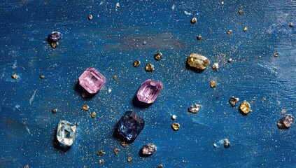 Gems on a textured blue surface