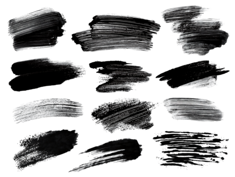 Collection of 12 Black and White Paint Brush Strokes, High-Resolution Textures