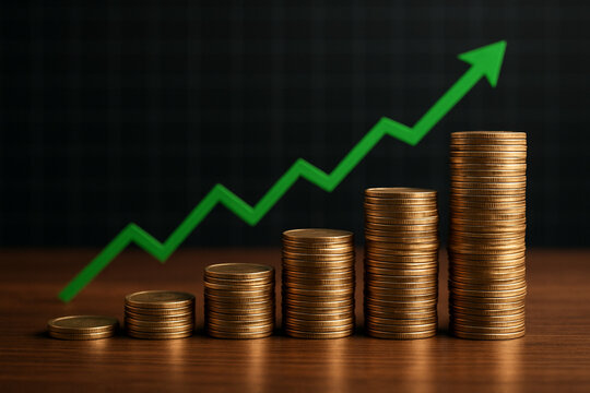 Stacks of gold coins with an upward green arrow symbolizing investment growth, financial success, and stock market profits. Realistic photo representing wealth, economy, and money growth.