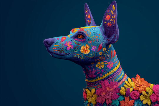 Xoloitzcuintles floral-painted mystical spirit dog portrait on dark background inspired by Day of the Dead symbolism