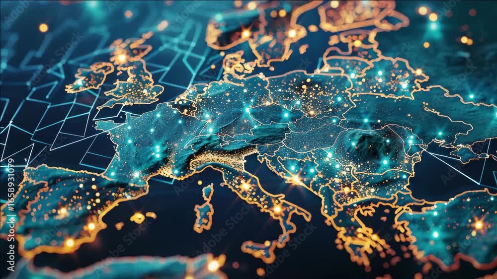 Poster a map of europe with many lights on it. the lights are in different colors and are scattered all ove
