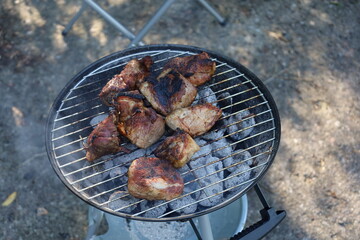 Grilled meat cooking over hot barbecue flames