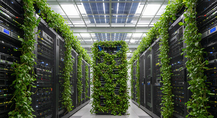 Lush Green Vertical Garden Tower Amidst Rows of Server Racks.