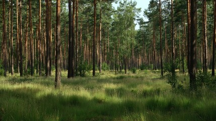 A dense forest with tall pine trees and grassy undergrowth.