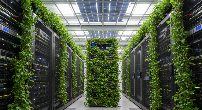 Lush Green Vertical Garden Tower Amidst Rows of Server Racks.