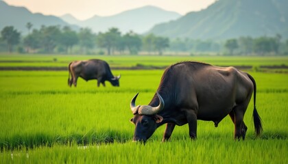 Two water buffalo graze peacefully in lush green rice fields. Sunlight bathes the serene rural landscape creating a calm, idyllic scene. This image evokes tradition, farming, and harmony with nature.