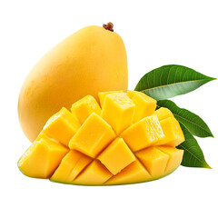 Juicy Mango Slices and Whole Fruit with Green Leaves, Tropical Still Life