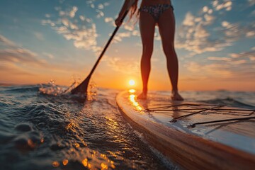 Low-angle view of a person stand-up paddleboarding at sunset