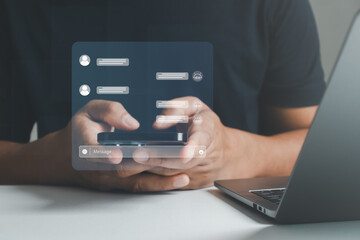 Man using smartphone with chatbot interface for messaging or virtual assistant communication. Concept of AI technology, smart customer service and digital interaction. Artificial intelligence tech.