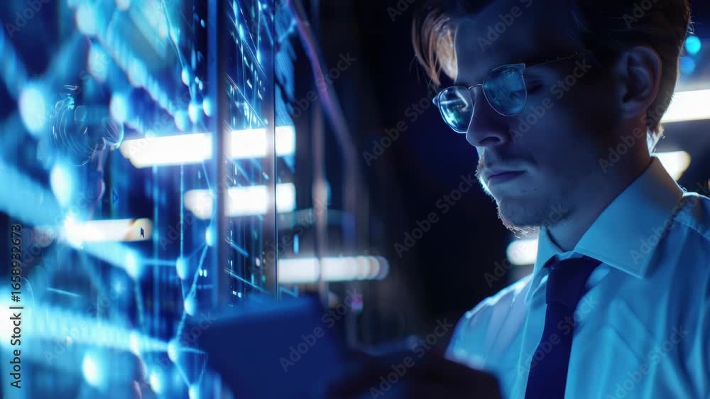 Poster a man in a suit working on computer screens.