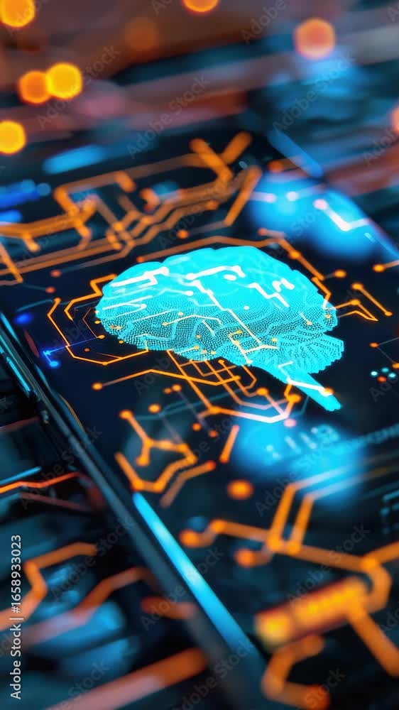 Aufkleber high-tech of a neural network represented as a silicon chip with intricate circuit patterns, symboli