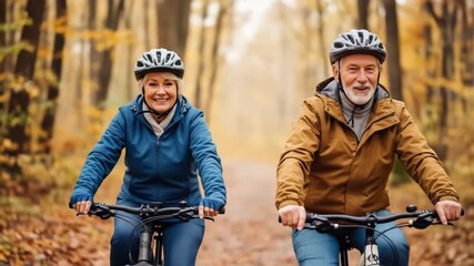 Active Seniors: Joyful Bike Ride in Autumn Forest, Healthy Lifestyle