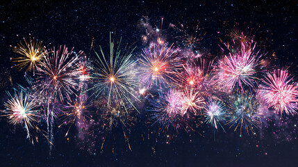 Multi-colored fireworks display with rockets exploding on a clear, starry night.