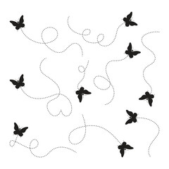Set Of Butterfly Flying On Dotted Route Vector Design.
