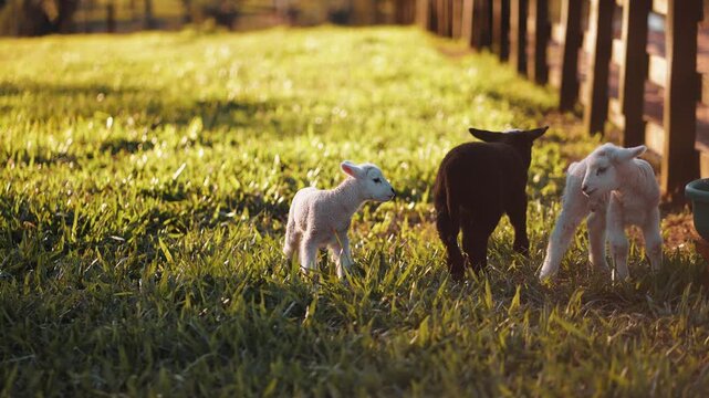 Grupo de Cordeirinhos Brancos e Pretos em Fazenda Rural &ndash; V&iacute;deo em 4K C&acirc;mera Lenta