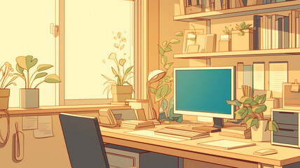 無人のシンプルなオフィス空間をアニメイラストで表現した背景素材。モダンなデスクや椅子、整然としたレイアウトが描かれた落ち着いた職場風景で、清潔感と抽象的なデザインが調和したイメージ。