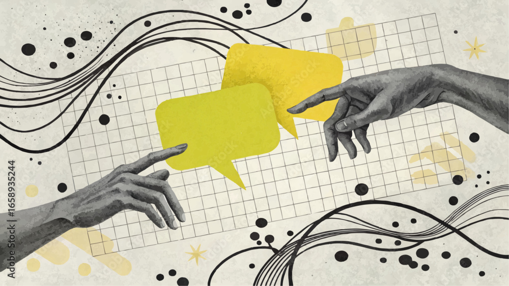 Poster two hands reaching towards yellow speech bubbles on a gridded background with abstract elements