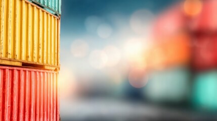 Colorful shipping containers stacked at a busy port during twilight hours