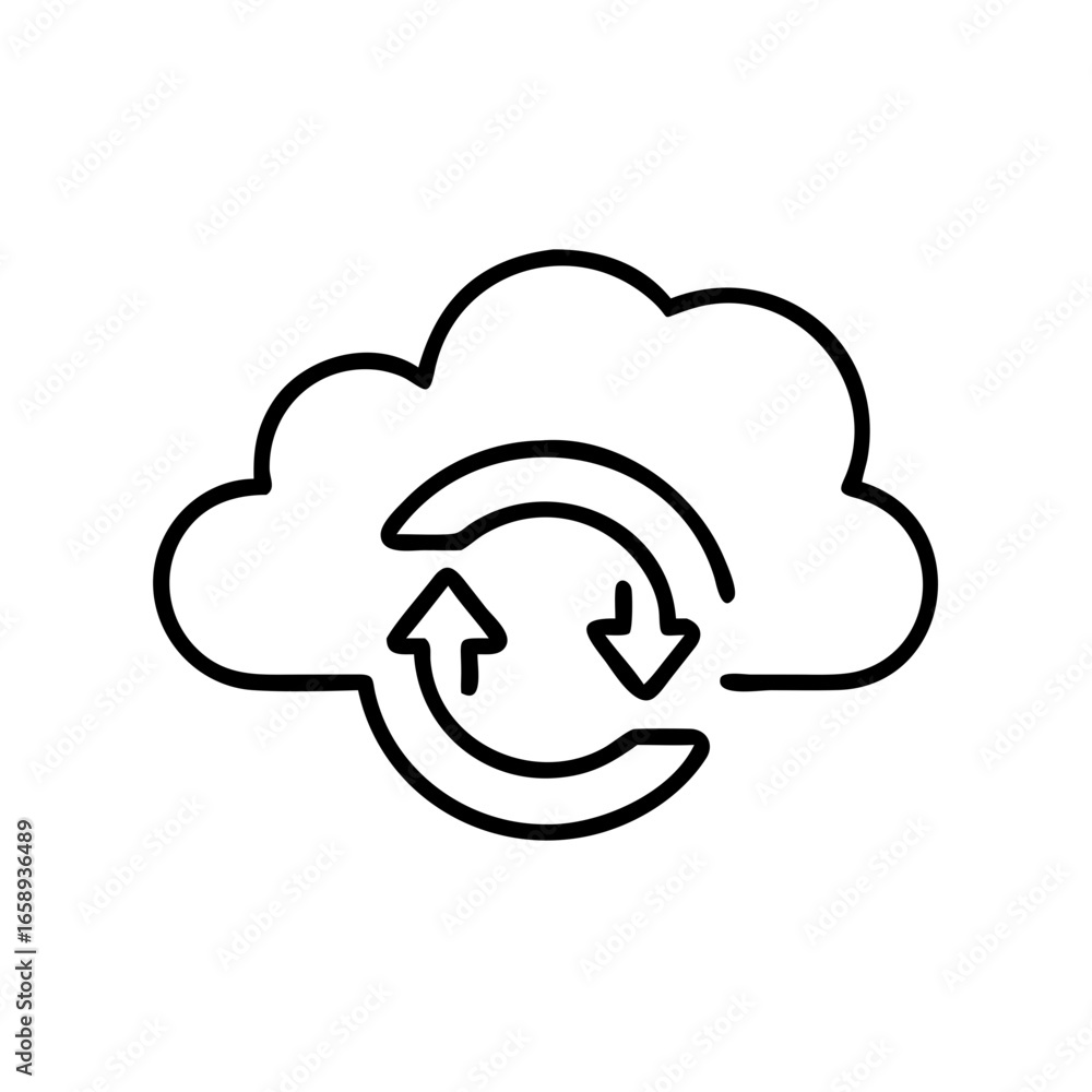 Poster cloud sync icon with arrows in minimalist line design