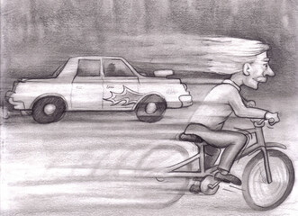 Elderly Man on a Bicycle Racing a Race Car Very Fast to the Right Journey