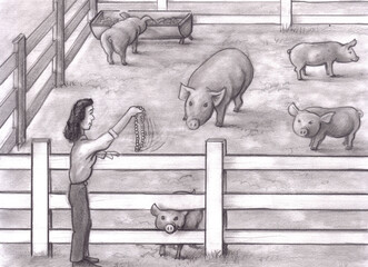 Woman Waving a Pearl Necklace Before Many Pigs in a Fenced in Farmyard